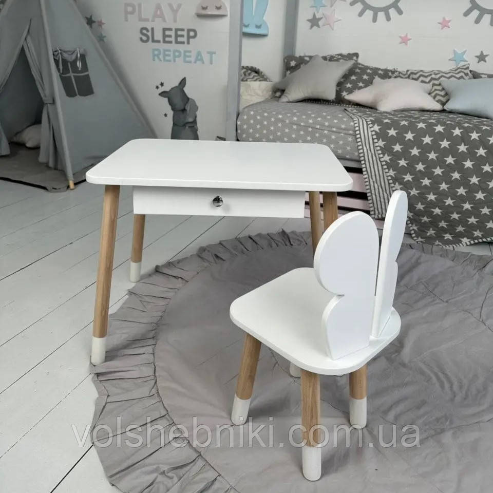 Дитячий столик і стільчик метелик білий. Столик із шухлядою для олівців і розмальовок 79850