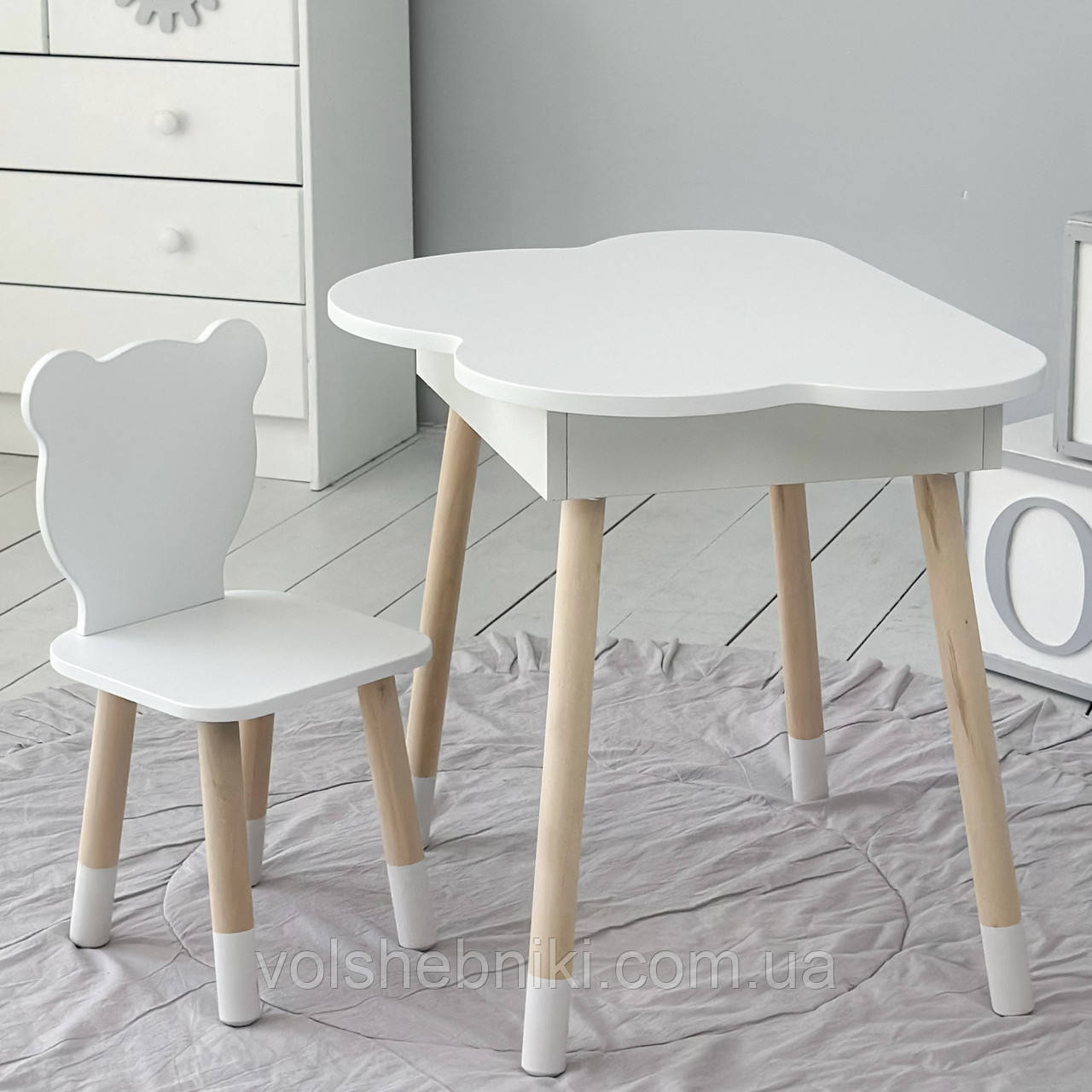 Новинка! Дитячий білий столик хмаринка з нішею і стільчик ведмедик білий 65480