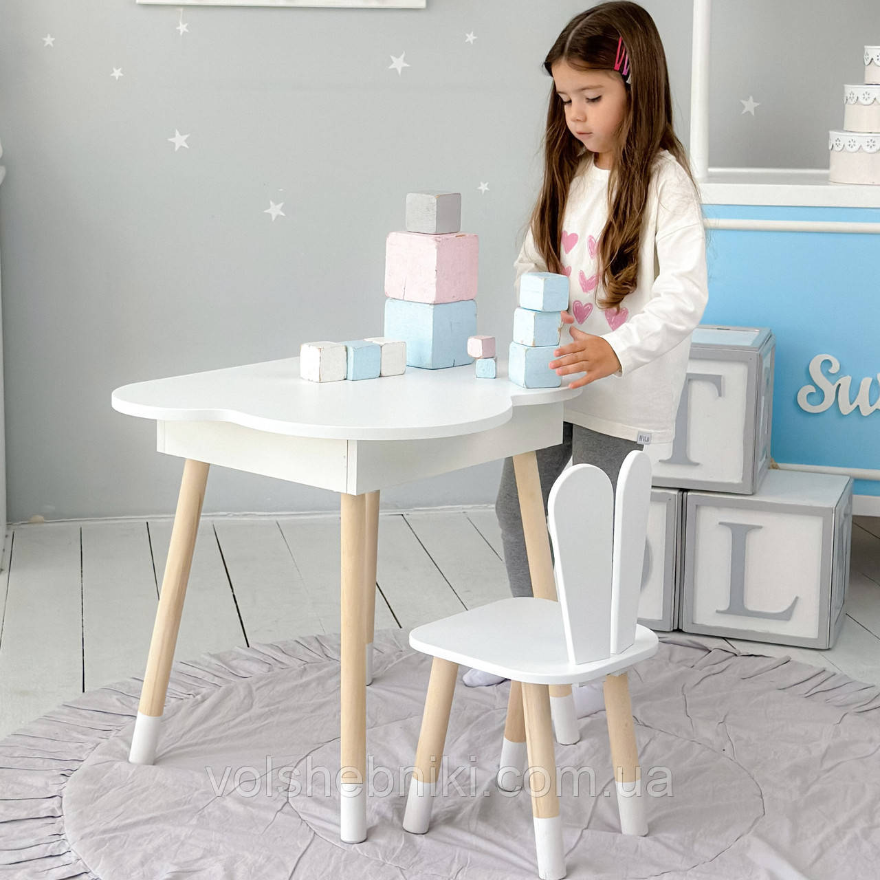 Новинка! Стол хмаринка з нішею та стілець зайчик білі 41008