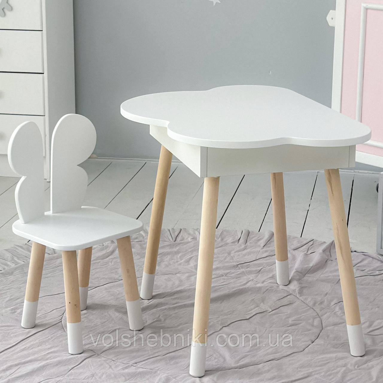 Новинка! Стол хмаринка з нішею та стілець метелик білі 27603, фото 1