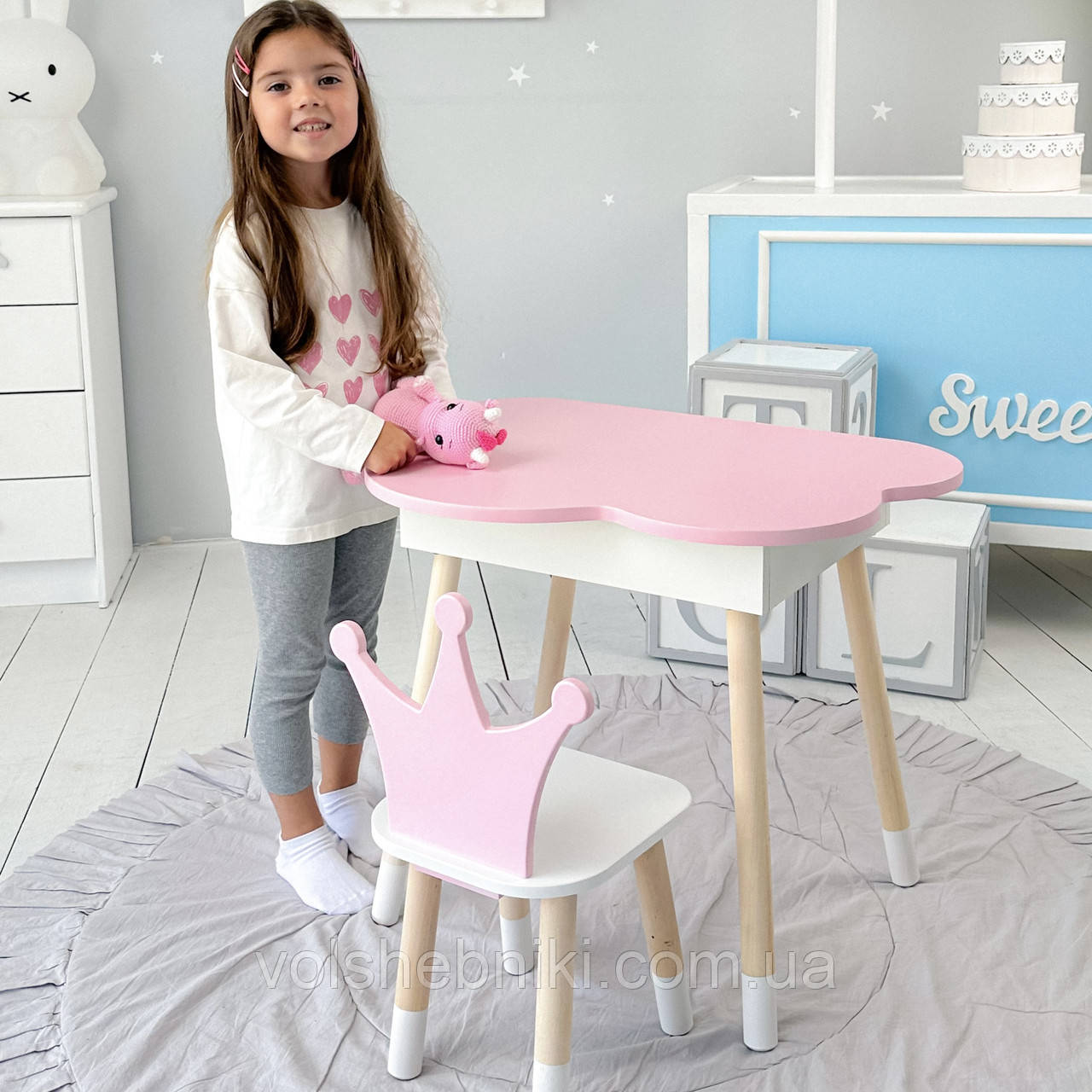 Новинка! Дитячий стіл рожевий хмарка з нішею і стільчик корона рожевий 93061