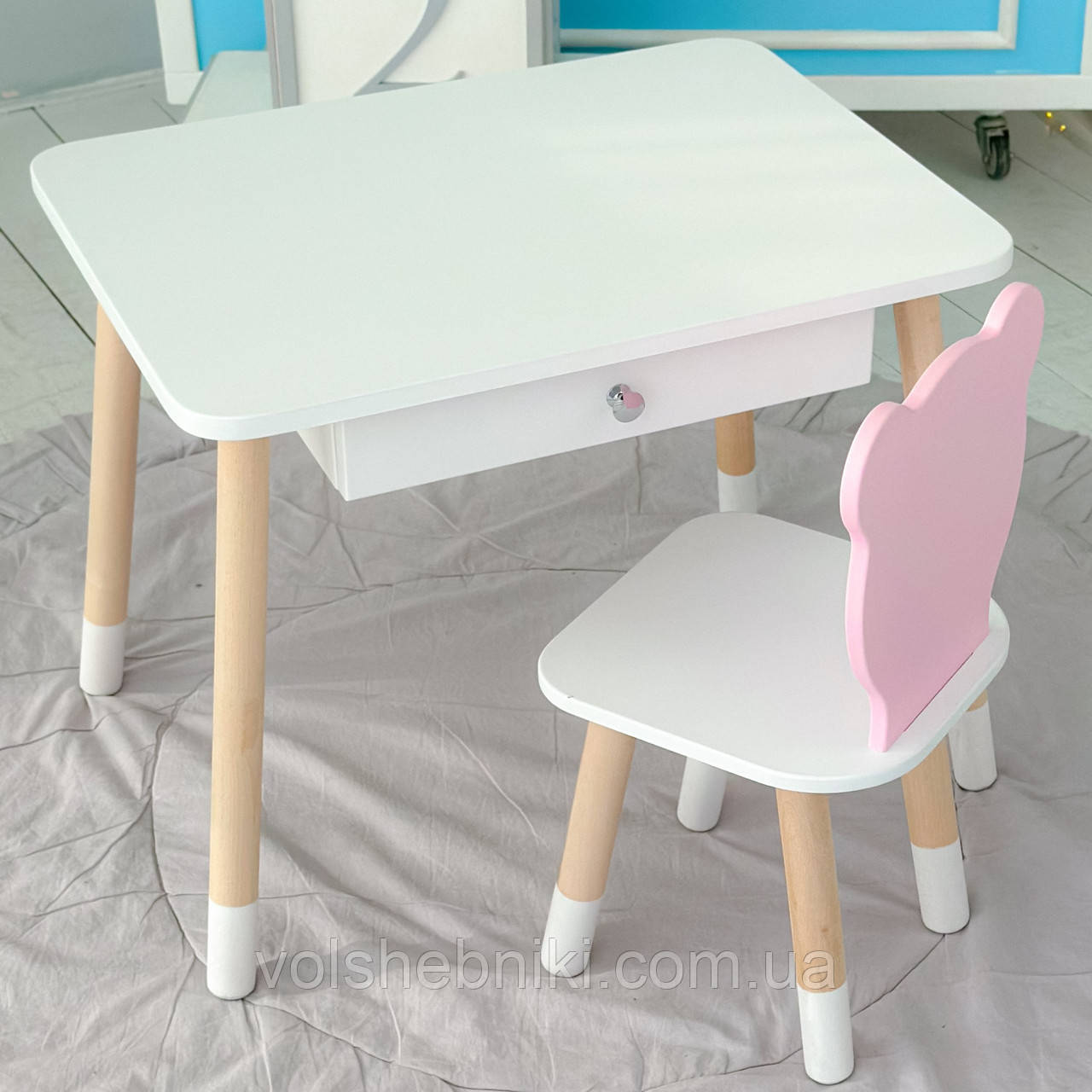 Дитячий столик білий і стільчик ведмедик рожево-білий. Столик із шухлядою для олівців і розмальовок 21441