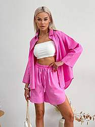 Костюм жіночий ЛІТНІЙ ЛЬОН ШОРТИ І СОРОЧКА РОЖЕВИЙ 590