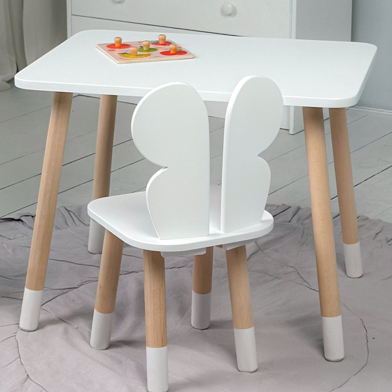 Стіл прямокутний 46х60х45 і стілець метелик 26.5х26х25, столик та стільчик для дівчинки до 7 років, білий, фото 1