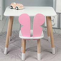Столик прямокутний 46х60х45 і стільчик метелик 26.5х26х25, стіл та стілець в дитячу, білий з рожевим