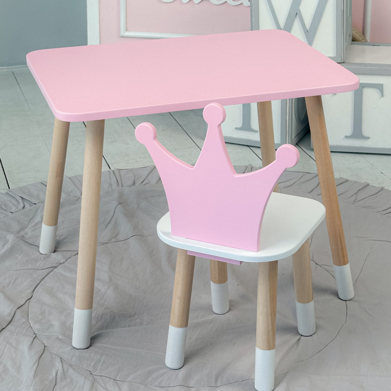 Стіл прямокутний 46х60х45 і стілець корона 26.5х26х25, столик та стільчик для дівчинки до 7 років, рожевий білим, фото 1