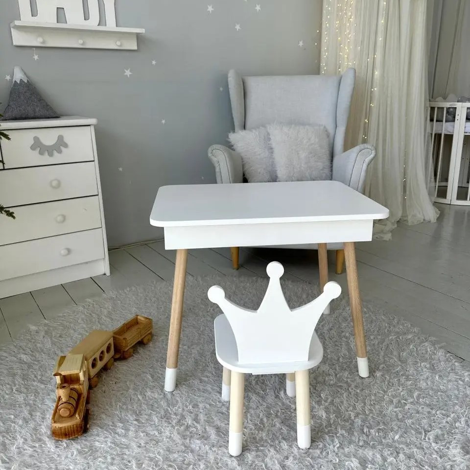 Столик з відкидним верхом 53х60х45 і стільчик корона 26.5х26х25, стіл та стілець для дітей від 1 року, білий, фото 1