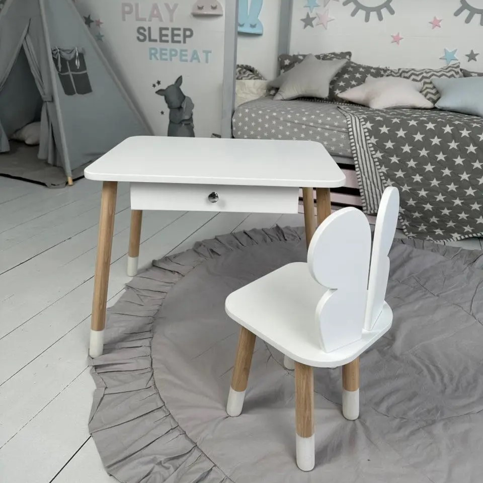Стіл прямокутний з ящиком 46х60х45 і стілець метелик 26.5х26х25, столик та стільчик в дитячу, білий