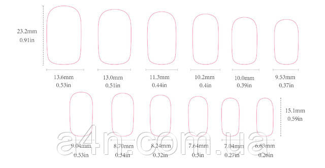 Накладные ногти - Интернет-магазин A4N Размеры накладных ногтей