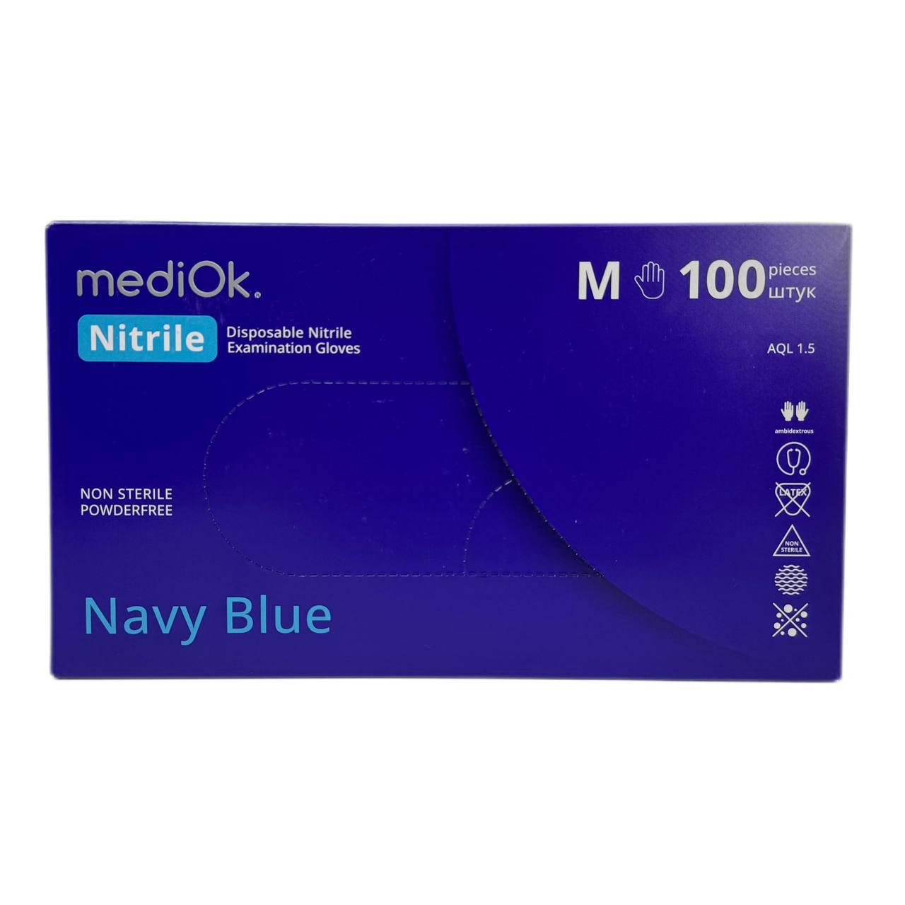 Рукавички одноразові нітрилові без пудри блакитні Navy Blue Mediok 100 шт, 4.2 грам розмір M
