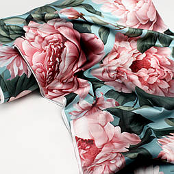 Сатин digital, ширина 240 см "Великі пудрові півонії" на темно-бірюзовому фоні №SB-3484