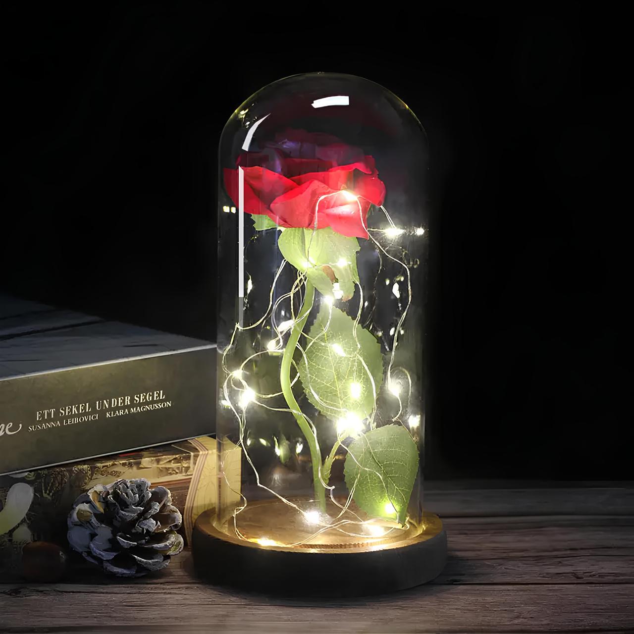 Вічно жива троянда в скляній колбі з LED підсвічуванням - романтичний подарунок 21×9 см