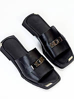 Жіночі літні шкіряні шльопанці нанизьком ходу чорні натуральна шкіра