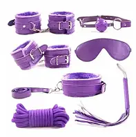 БДСМ набор секс игрушек 8 предметов для ролевых игр садо мазо наручники кляп веревка плеть фиолетовый комплект
