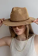 Капелюх літній федора з тонкого рафію D.Hats коричневий з золотистим ланцюгом і намистинами