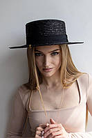 Солом'яний капелюх Канотьє з золотистим ланцюгом D.Hats чорного кольору