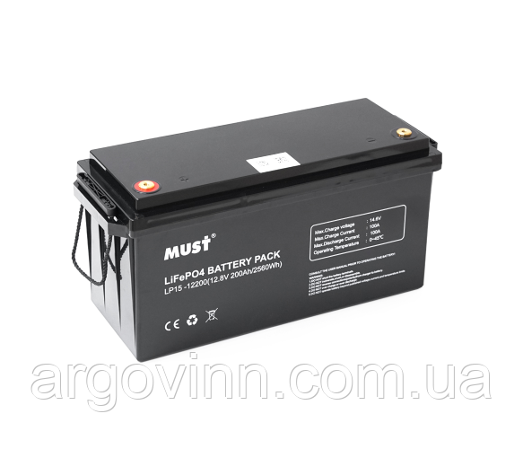 Акумуляторна батарея Must LiFePO4 LP15-12200 12,8V 200Ah, 2,56kWh, BMS100A@4S, 6000 cycles, 502x185x243, 23kg