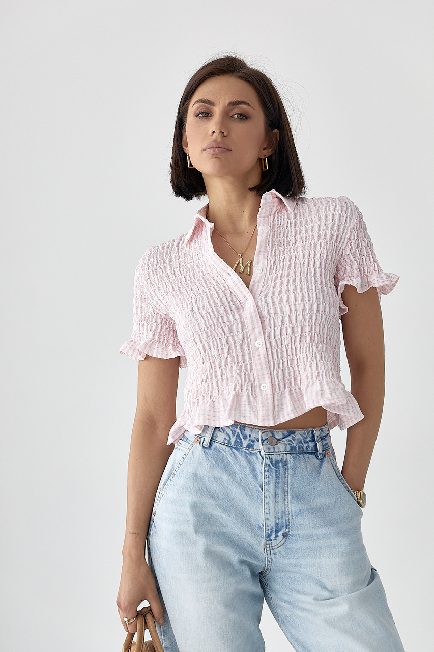 Смугаста блуза з ефектом жатки - рожевий цвет, L (є розміри) M, фото 1