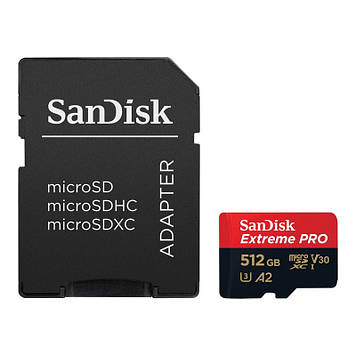 Карта пам'яті 512 ГБ microSDXC UHS-I U3 A2 SanDisk Extreme Pro SDSQXCD-512G-GN6MA, швидкість 200 МБ/с, адаптер в комплекті