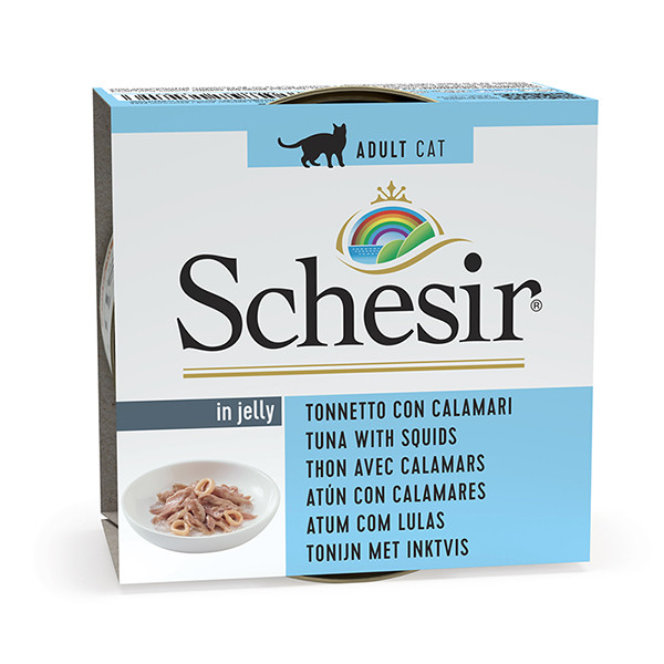 Вологий корм Schesir Tuna with Squid ШЕЗІР ТУНЕЦЬ З КАЛЬМАРОМ в желе натуральні консерви для котів, вологий корм, банка 85г, фото 1