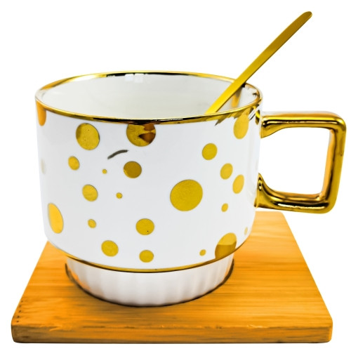 Чашка Горох Золото 330мл на бамбуковій підставці з ложкою, фото 1