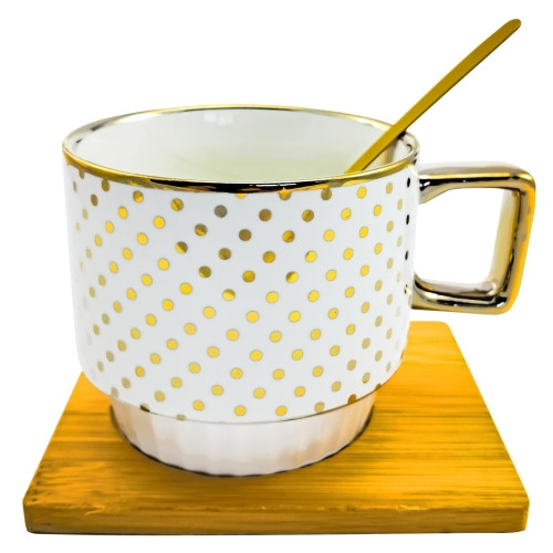 Чашка Крапка Золото 330мл на бамбуковій підставці з ложкою, фото 1