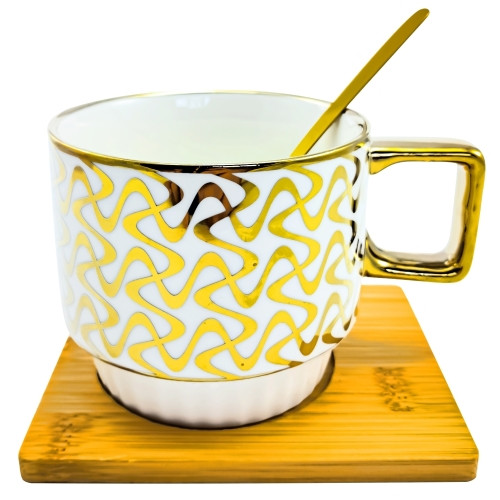 Чашка Мозаїка Золото 330мл на бамбуковій підставці з ложкою, фото 1