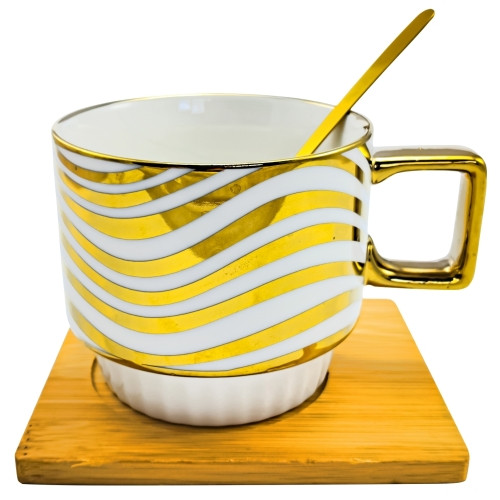 Чашка Хвиля Золото 330мл на бамбуковій підставці з ложкою, фото 1
