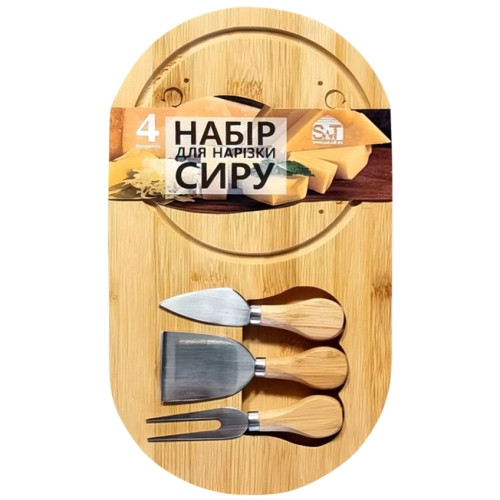 Набір для нарізки сиру (дошка бамбукова + 3 ножі) 33х18х1см