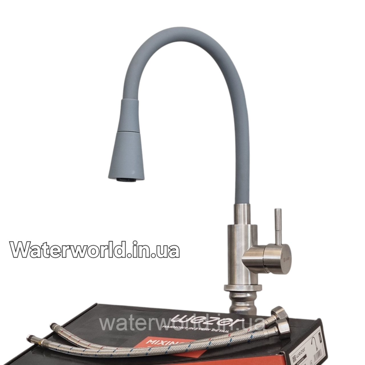Змішувач для кухні на мийку з нержавіючої сталі з гнучким гусаком сірого кольору лійка два режими TM. WEZER EKO4Y-01G