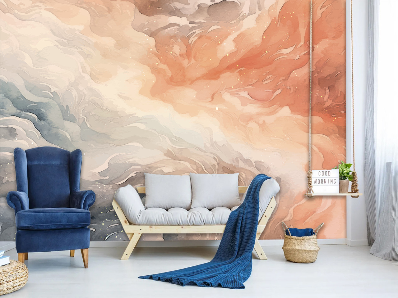 Фотошпалери на всю стіну самоклеюча плівка Oracal в спальню, вітальню «Рожево-сині хвилі», фото 1