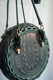 Кругла шкіряна сумка Берегиня темно-зелена, з короткими і довгим ремінцями