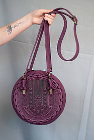 Кругла шкіряна сумка Берегиня фіолетова, з короткими і довгим ремінцями