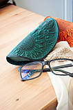 Футляр для окулярів шкіряний темно-бірюзовий з орнаментом Соняхи, фото 3