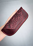 Футляр для окулярів шкіряний жіночий Бордовий Марсала з орнаментом Соняхи, фото 4