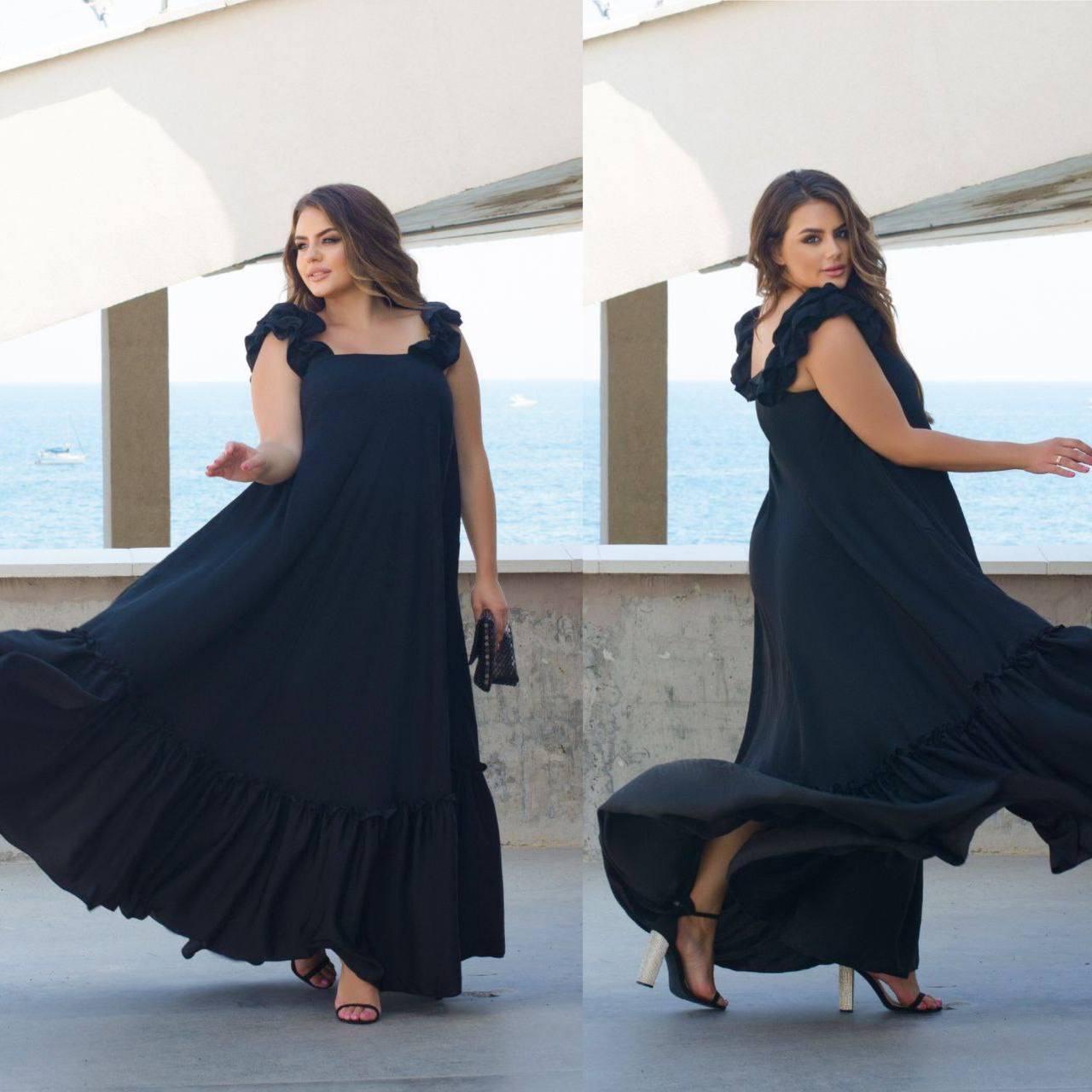 Шикарне шовкова довга літня сукня до підлоги, на бретелях, широкий силует, батал великі розміри, фото 1