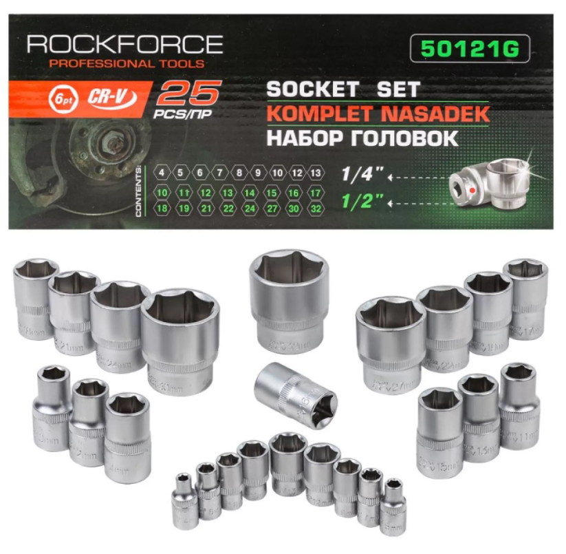 Набір головок комбінований 1/4'', 1/2'', 25ін. (6гр.) RockForce RF-50121G, фото 1