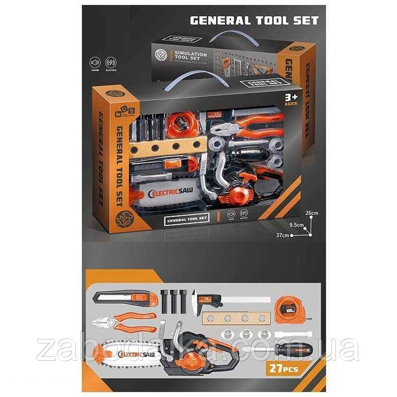 Набір дитячих будівельних інструментів 15 елементів, бензопила на бат. 778-36, фото 1