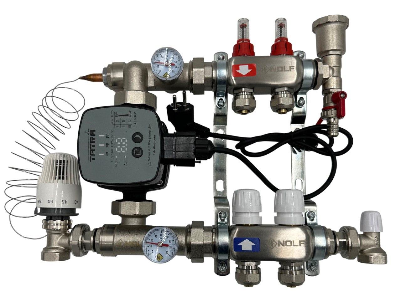 Колектор для теплої підлоги Nolf на 2 контури (нержавіюча сталь) в зборі з частотним насосом (бічне підкл.) Німеччина