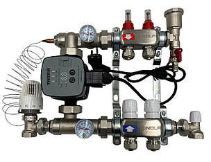 Колектор для теплої підлоги Nolf на 2 контури (нержавіюча сталь) в зборі з частотним насосом (бічне підкл.) Німеччина, фото 1