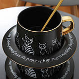 Чашка з блюдцем і ложкою «Котики». Керамічна кружка 250 мл. Подарунковий набір, сервіз Чорний, фото 4