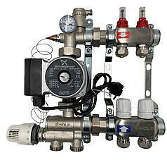 Колектор для теплої підлоги Nolf на 2 контури (нержавіюча сталь) в зборі з насосом (нижнє підкл.) Німеччина