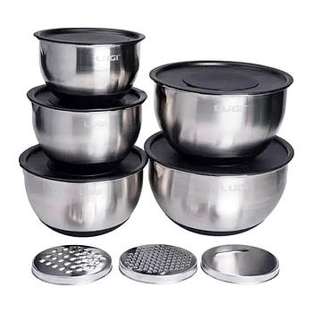 Набір мисок з нержавіючої сталі 5 штук з кришками і терками салатники з нержавійки 5/4/ 2.5/2/1.5 л LG-01/5PCS