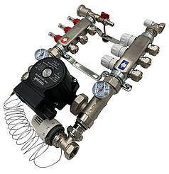 Колектор для теплої підлоги Nolf на 3 контури (нержавіюча сталь) в зборі з насосом (бічне підключення) Німеччина