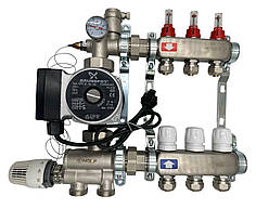 Колектор для теплої підлоги Nolf на 3 контури в зборі (нержавіюча сталь) з насосом (нижнє підкл.) Німеччина