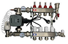 Колектор для теплої підлоги Nolf на 4 контури (нержавіюча сталь) в зборі з частотним насосом (бічне підключення) Німеччина
