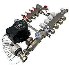 Колектор для теплої підлоги Nolf на 4 контури в зборі (нержавіюча сталь) з насосом (бічне підключення) Німеччина