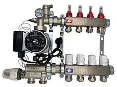 Колектор для теплої підлоги Nolf на 4 контури в зборі (нержавіюча сталь) з насосом (нижнє підкл.) Німеччина