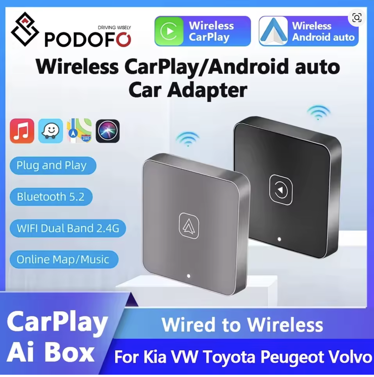 Бездротовий Apple CarPlay, Android Auto адаптер, Адаптер Podofo AI Box AI2304AA Adapter, адаптер для автомобіля, фото 1