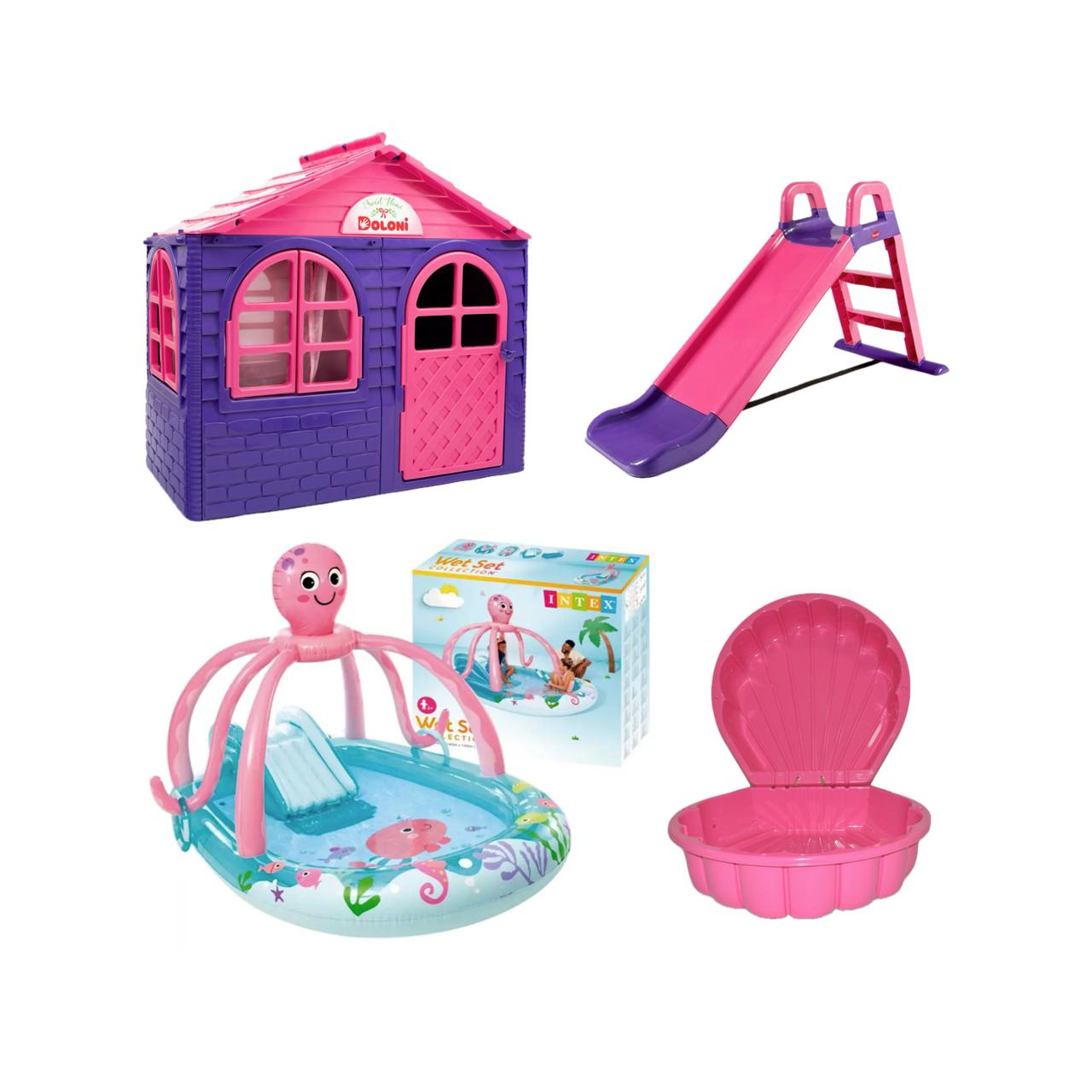 НАБІР Маленький дитячий ігровий пластиковий будиночок зі шторками, маленька гірка, пісочниця-мушля ТМ Doloni та басейн Intex 56138, фото 1